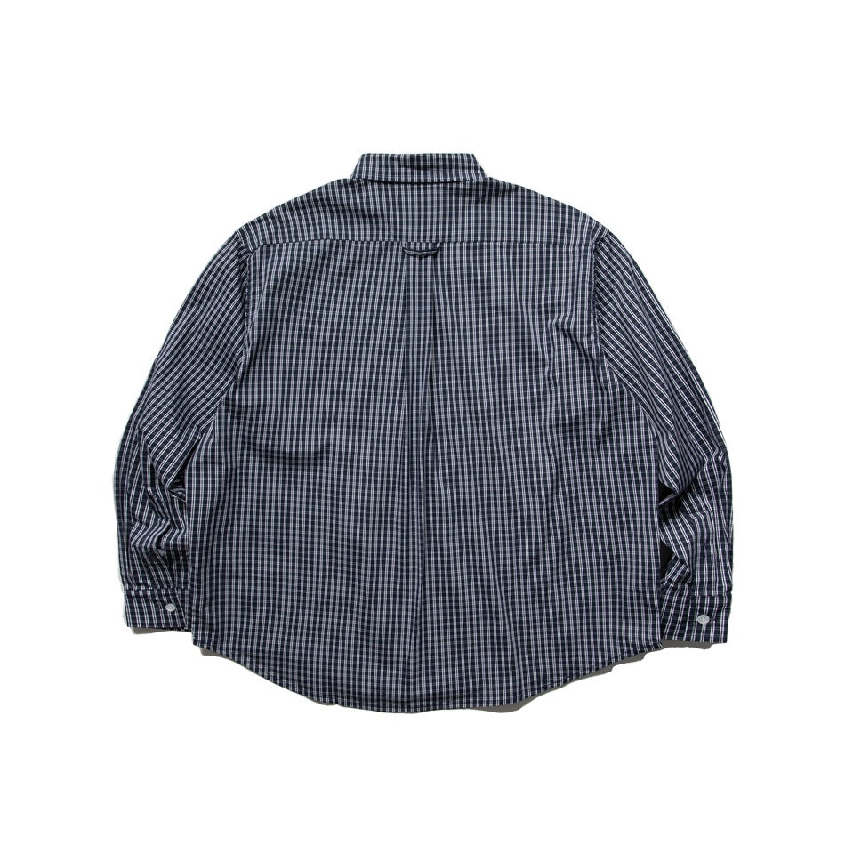 Back view of a dark navy plaid long-sleeve button-up shirt with a center back pleat.
