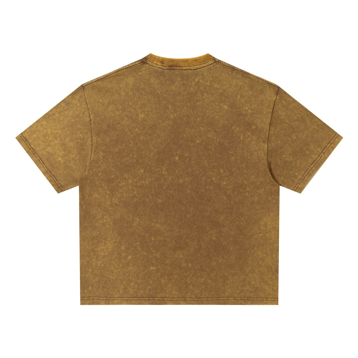 Back view of a mustard-brown acid-wash T-shirt with short sleeves and a ribbed crew neck.