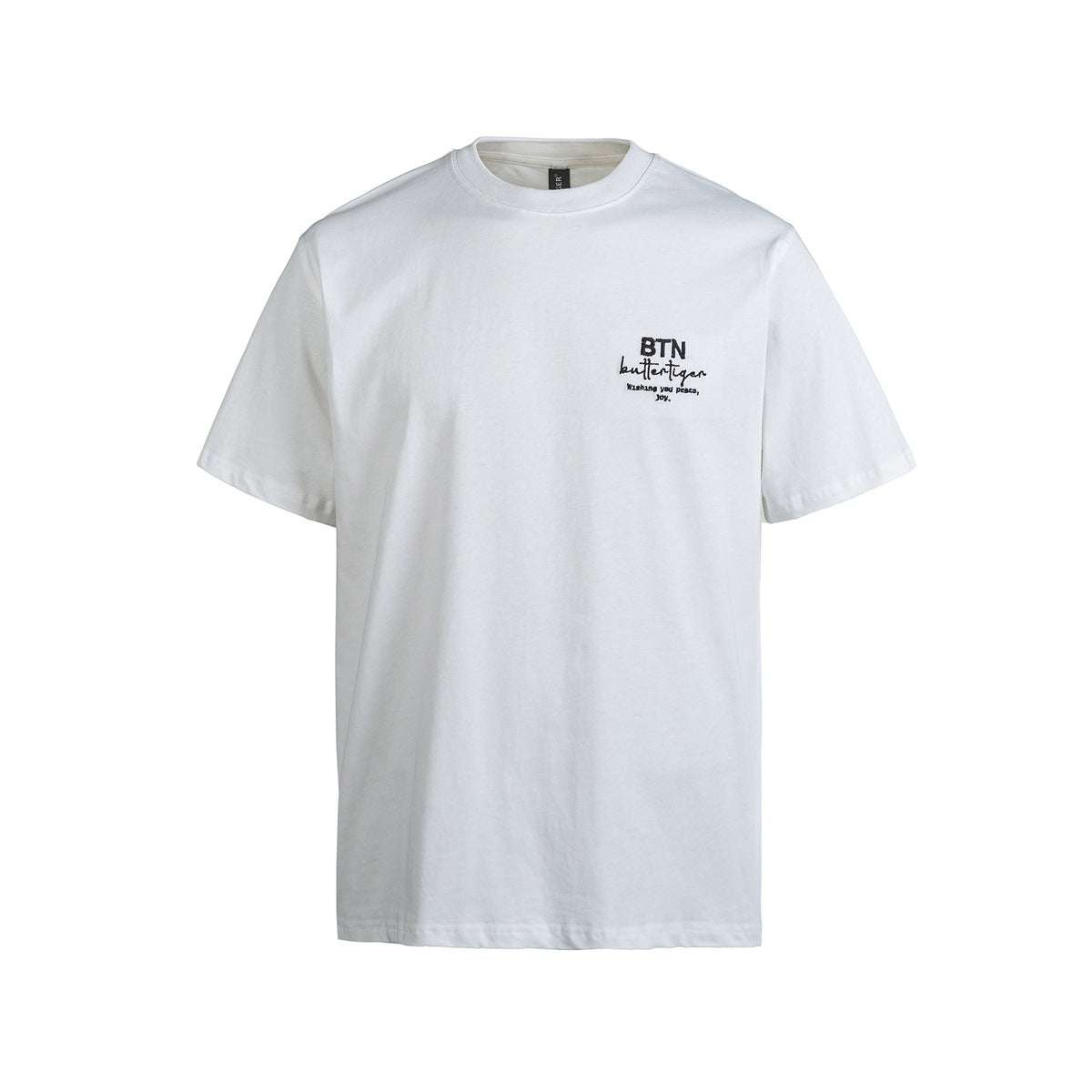White short-sleeve crew neck T-shirt, flat front view with small black lettering on the left chest
