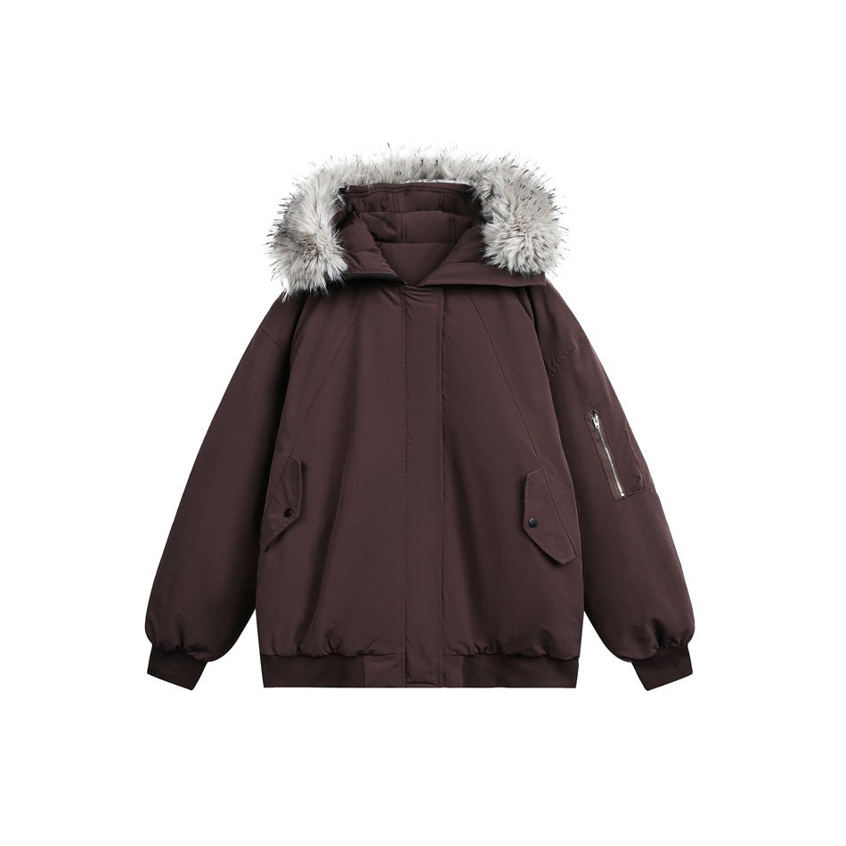 Dark red hooded jacket with gray fur-like hood trim, front zip, snap flap pockets and ribbed cuffs, flat lay