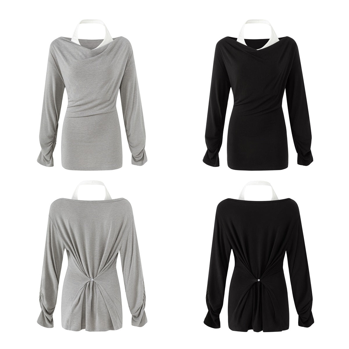 Front and back views of a draped long-sleeve top in gray and black, with a wide neckline and gathered waist.