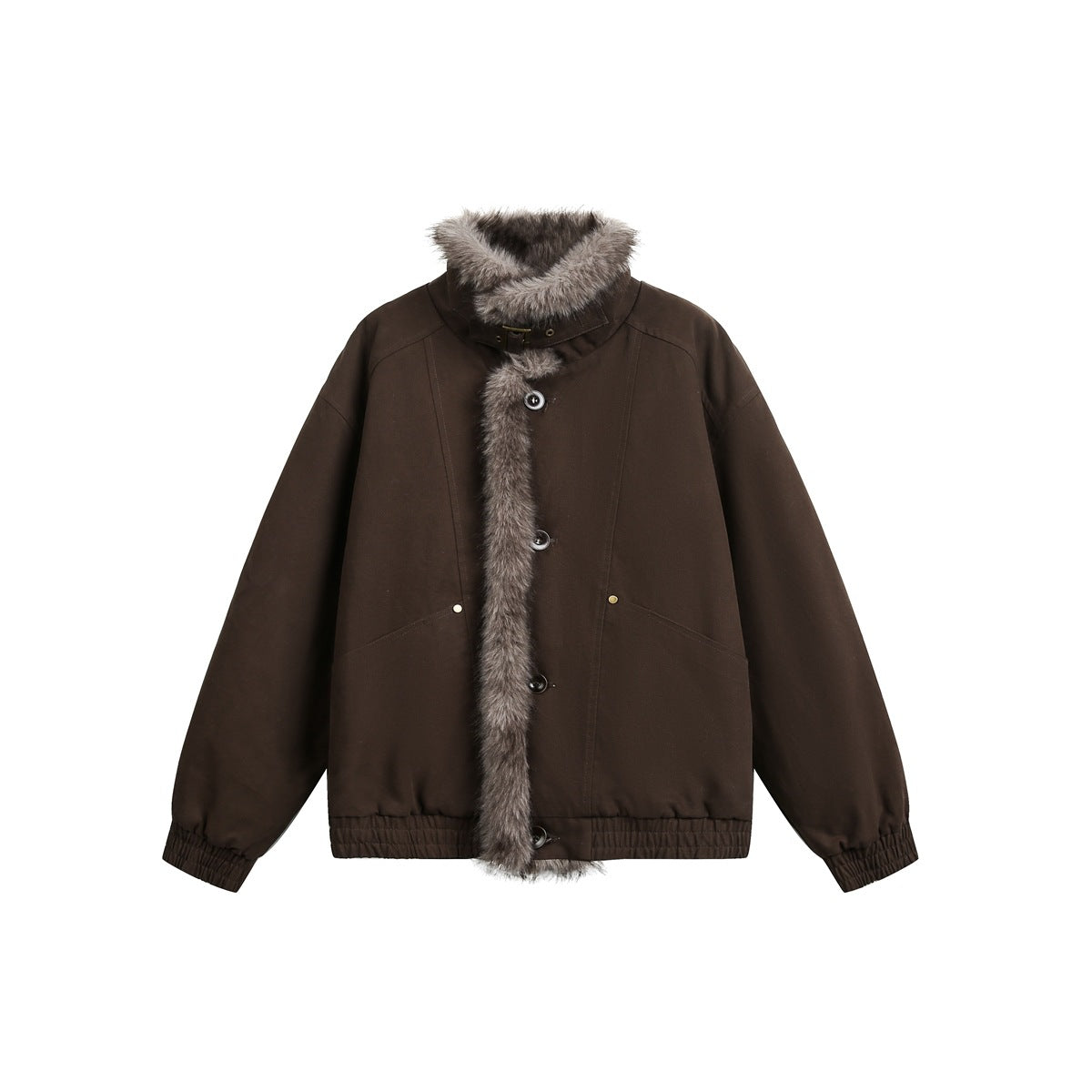 Dark brown jacket with fluffy fleece-like collar and front trim, buttons, rivet pockets and elastic cuffs, flat front view