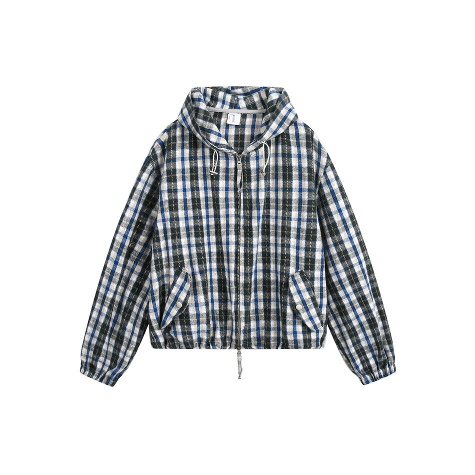 Blue, dark green and cream plaid hooded zip jacket, flat front view with flap pockets and drawcord hem