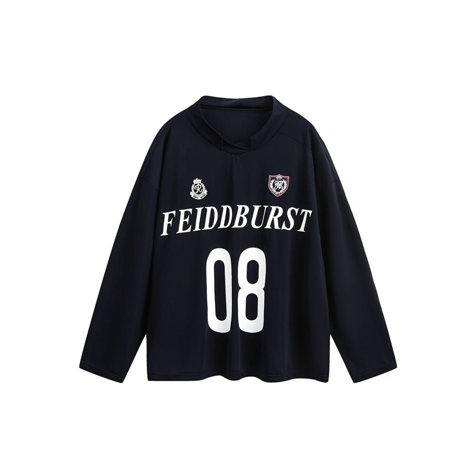 Navy long-sleeve jersey-style top with V-neck, chest crests, white lettering and large 08 print, flat front view