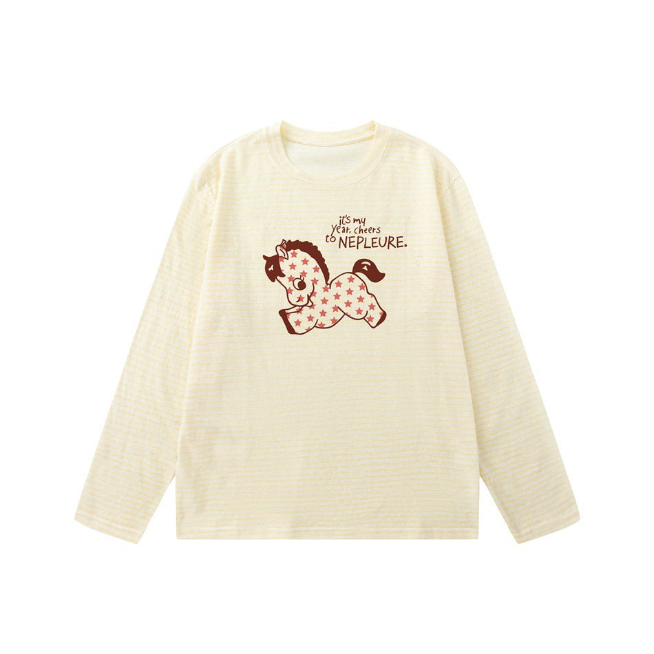 Pale yellow striped long-sleeve crew neck top with a brown and red star-patterned horse graphic on the front