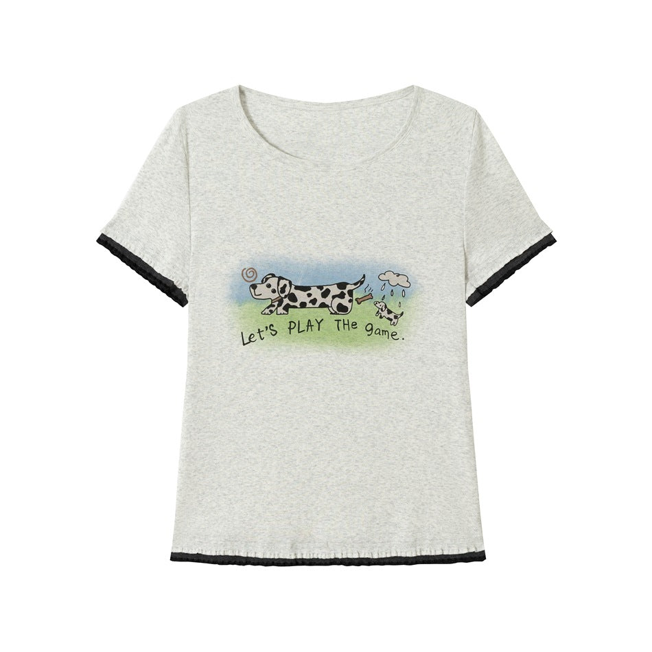 Heather gray short-sleeve T-shirt with spotted dog graphic, 'Let's PLAY The game.' text and black ruffled trim