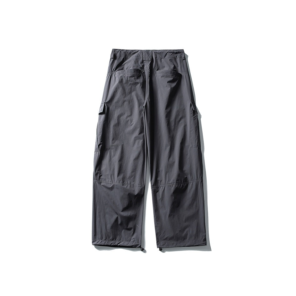 Back view of dark charcoal wide-leg cargo pants with rear pockets and side cargo pockets.
