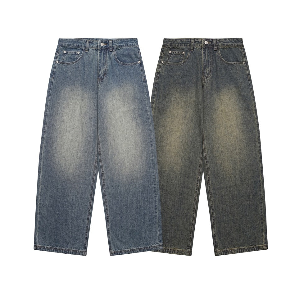 Two pairs of wide-leg jeans shown from the front: one faded blue and one dark gray with lighter wash on the thighs.