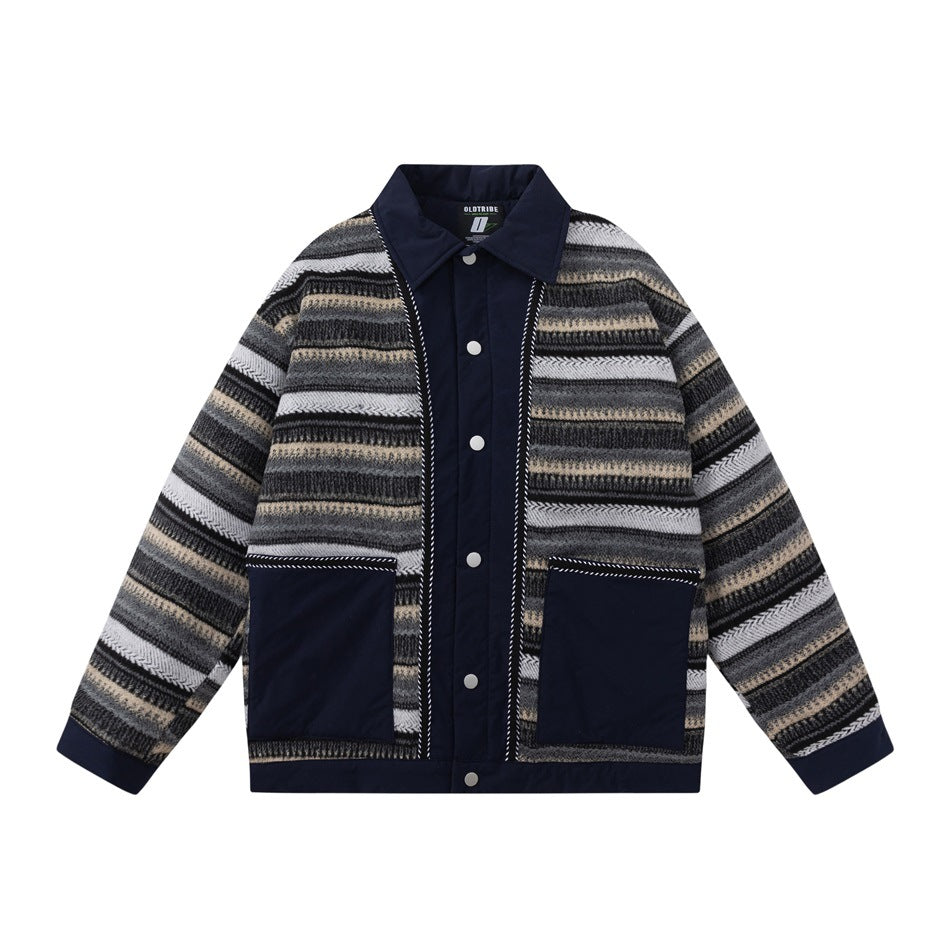 Navy striped button-front jacket with collar, patch pockets and braided trim, flat front view