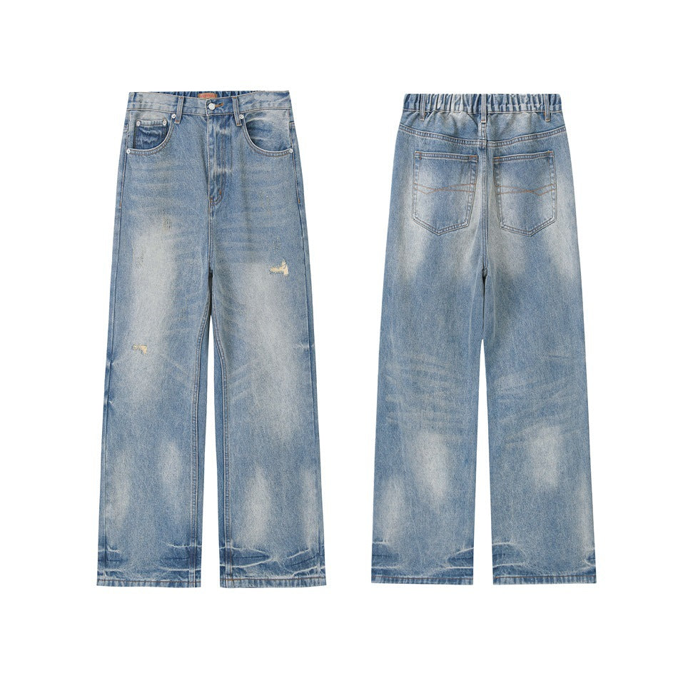 Light blue faded wide-leg jeans shown from the front and back, with front pockets, two rear pockets, and an elastic back