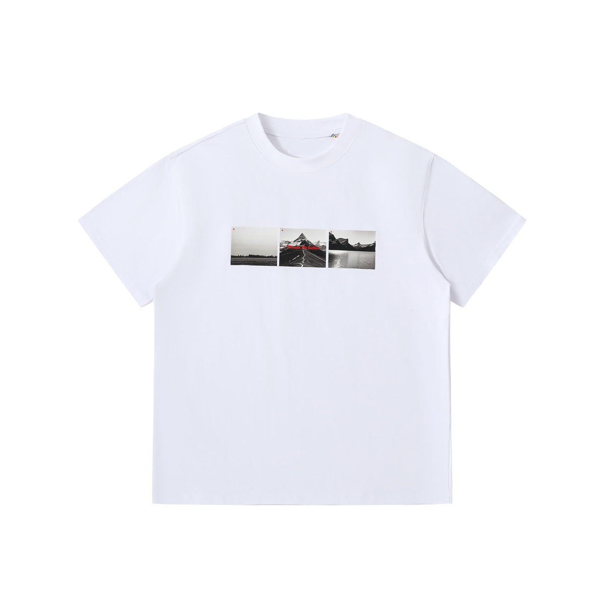 White short-sleeve crew neck T-shirt with a three-panel black-and-white landscape photo print on the chest
