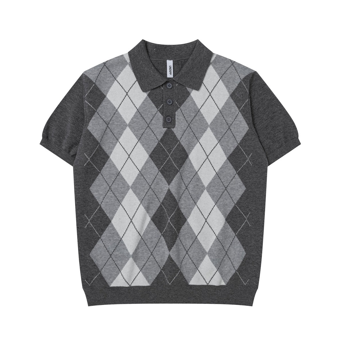 Gray knit short-sleeve polo with argyle diamond pattern in gray and off-white, collar and three buttons, flat lay