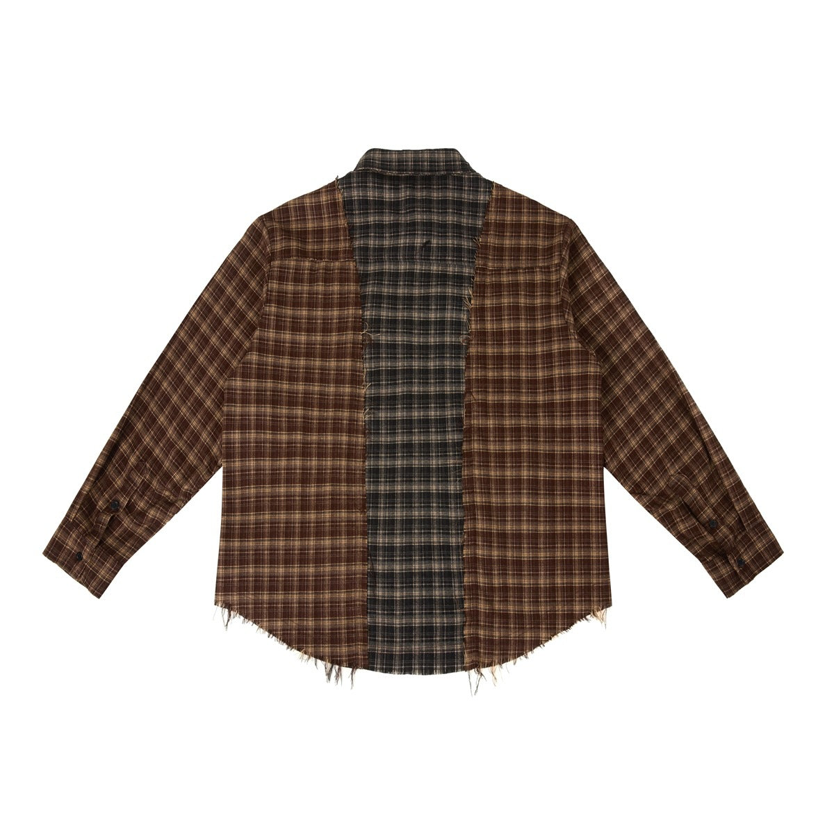 Flat lay back of a brown and dark gray patchwork plaid long-sleeve shirt with button cuffs and frayed hem