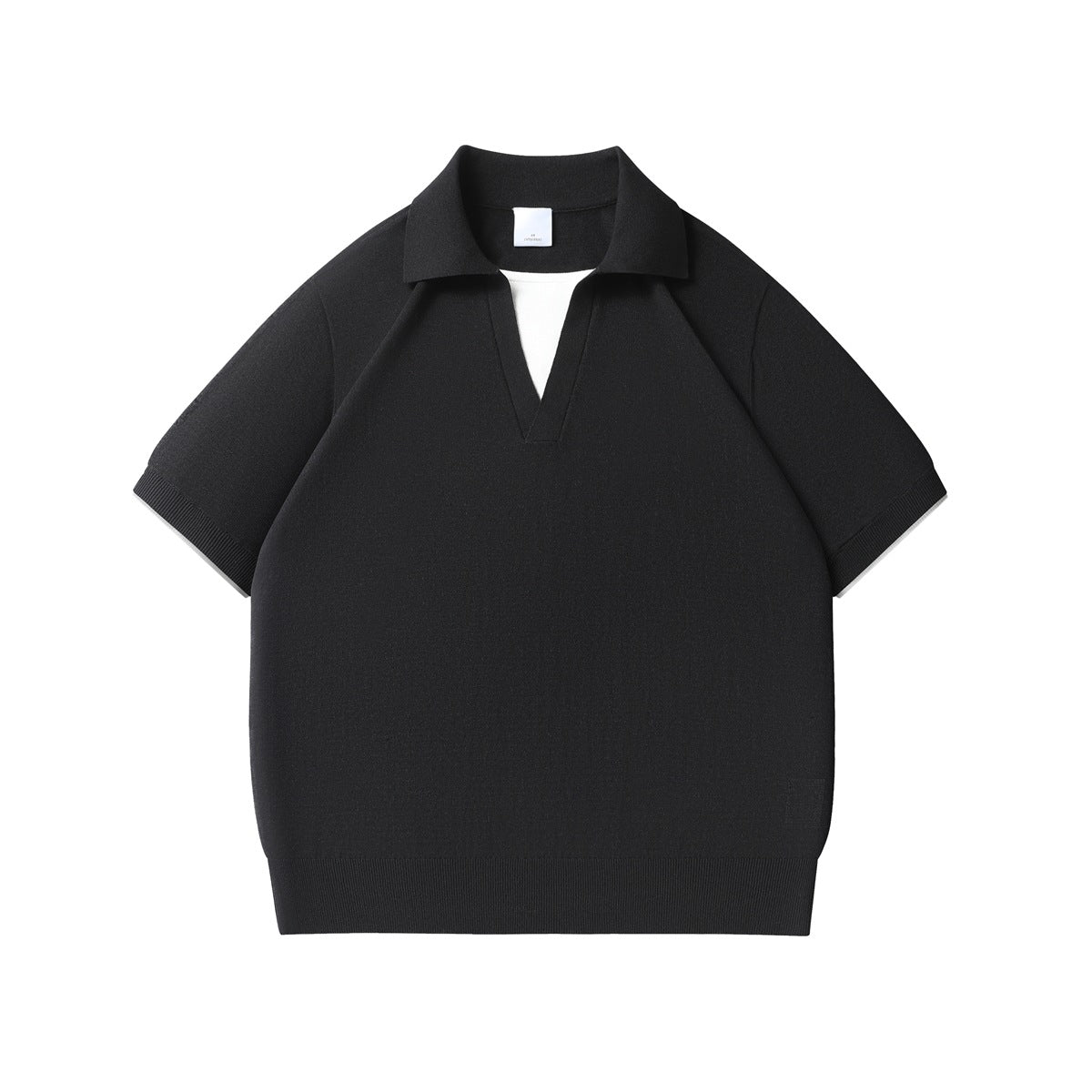 Black knit short-sleeve polo top with open V-neck, white inner layer at neckline, ribbed cuffs and hem, flat front view