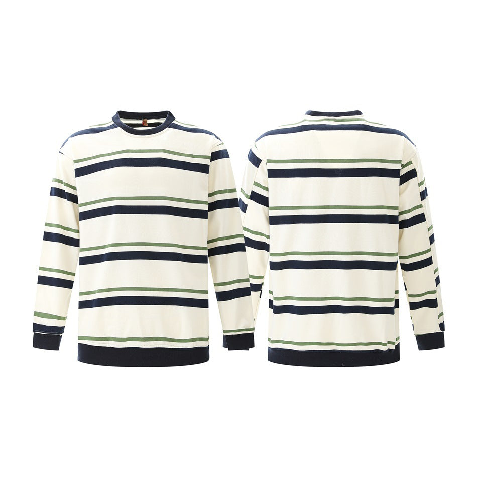 Ivory long-sleeve shirt with navy and green stripes shown from the front and back.