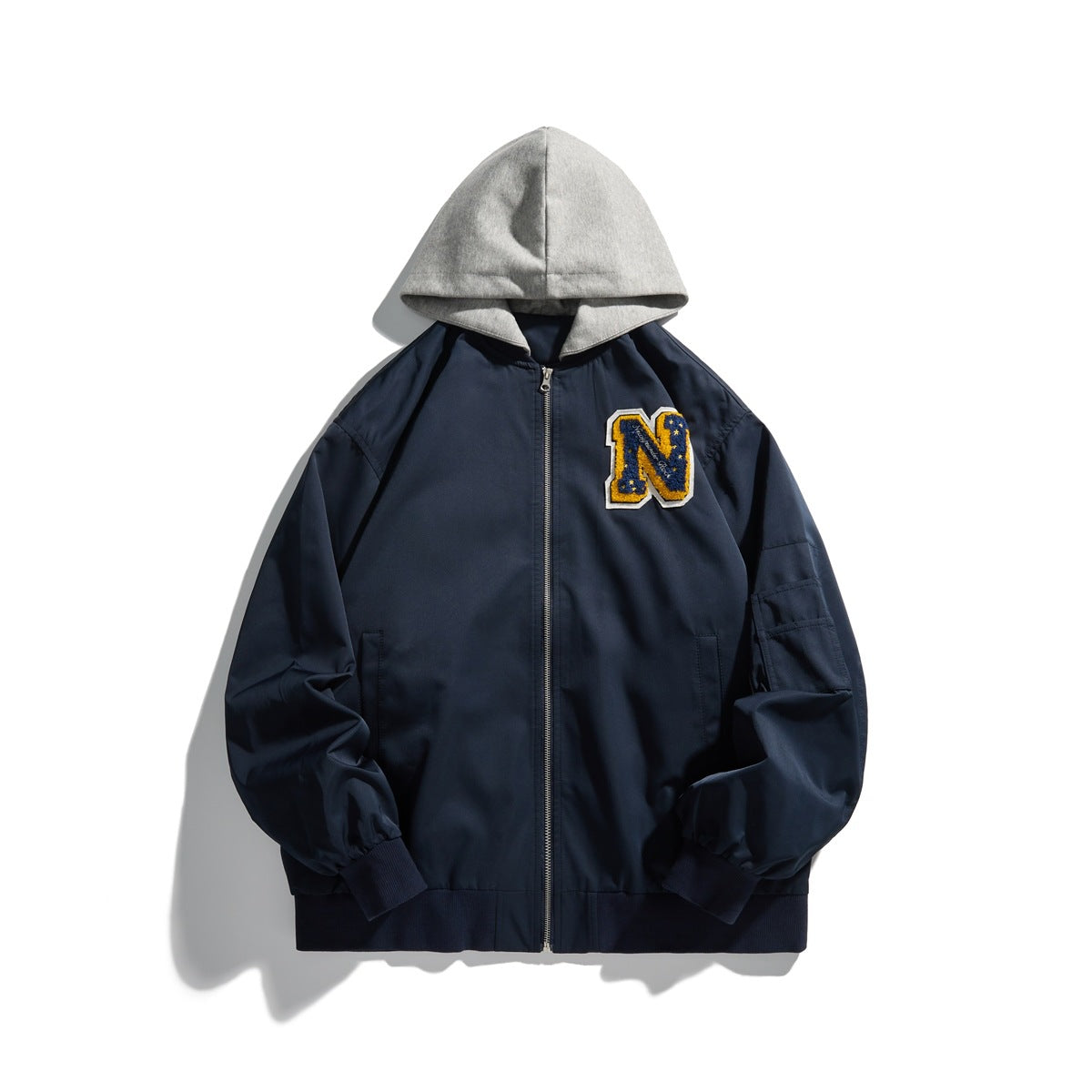 Front of navy zip hooded jacket with heather gray hood, yellow and navy letter N patch, ribbed cuffs and sleeve pocket