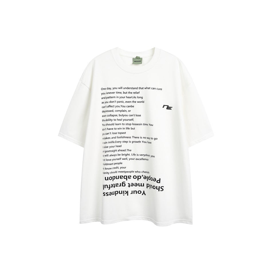 White short-sleeve crew-neck T-shirt with black English text print and small logo on the chest