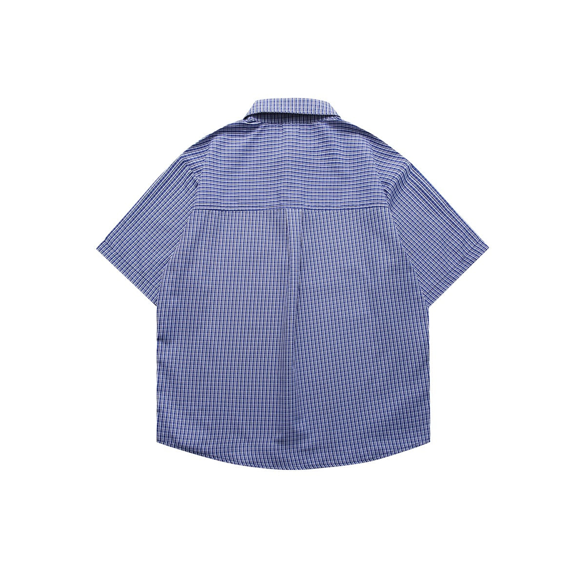 Back view of royal blue small-check short-sleeve shirt flat lay showing horizontal yoke seam and curved hem
