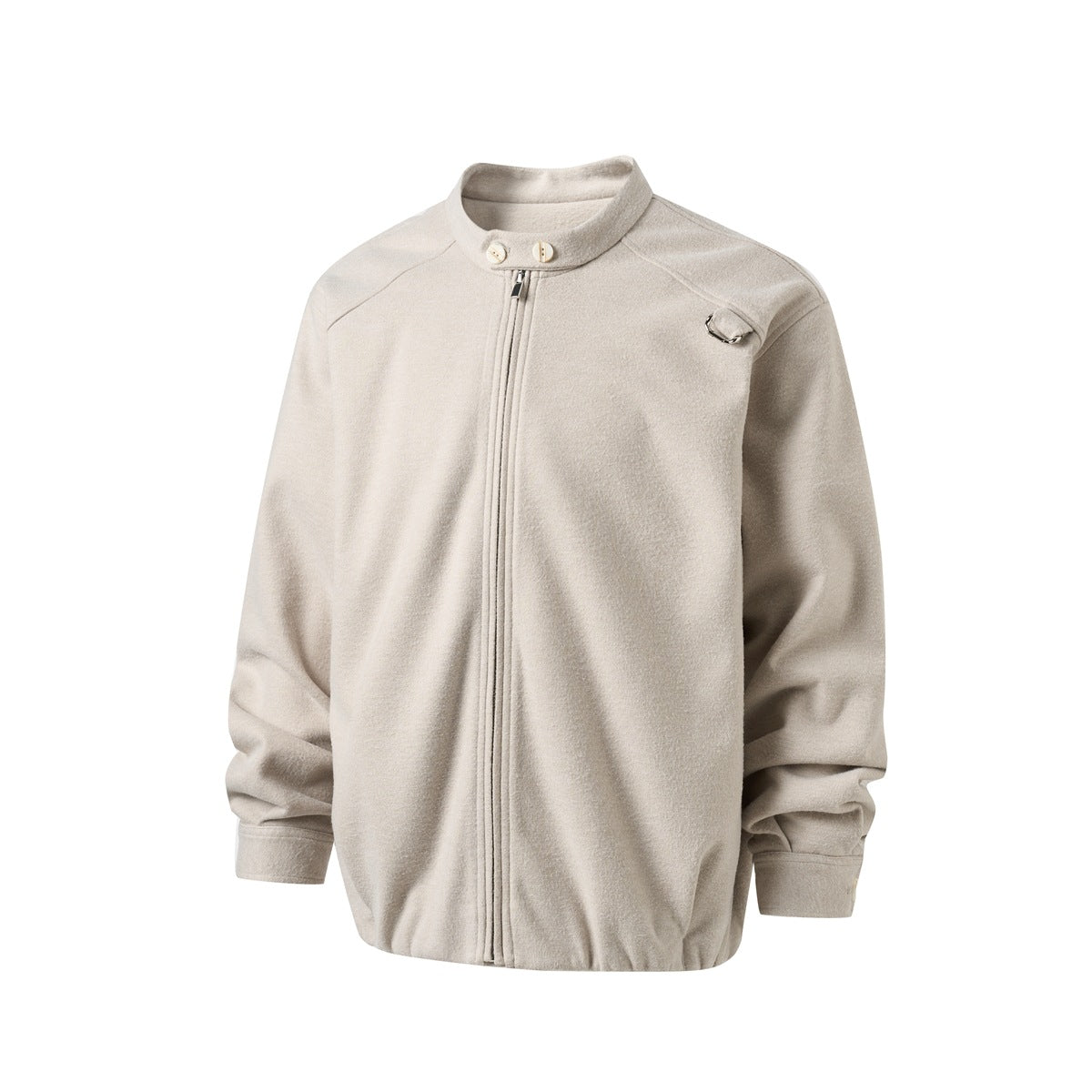 Front view of a light beige jacket with a stand collar, button details, full-length zipper, and metal shoulder tab.