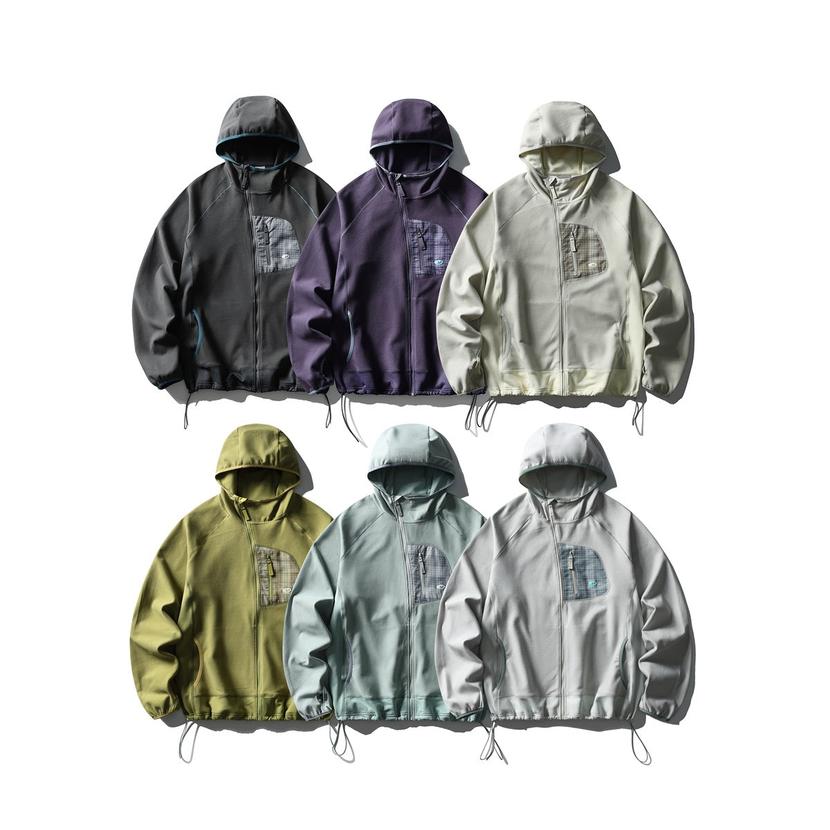 Six hooded zip-up jackets in charcoal, purple, cream, olive, pale blue, and light gray, shown from the front.