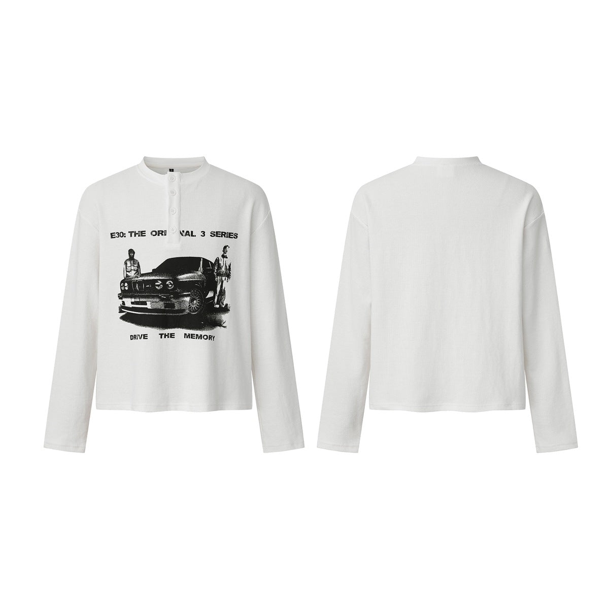 White long-sleeve henley shown front and back; the front has a black car graphic and English text.