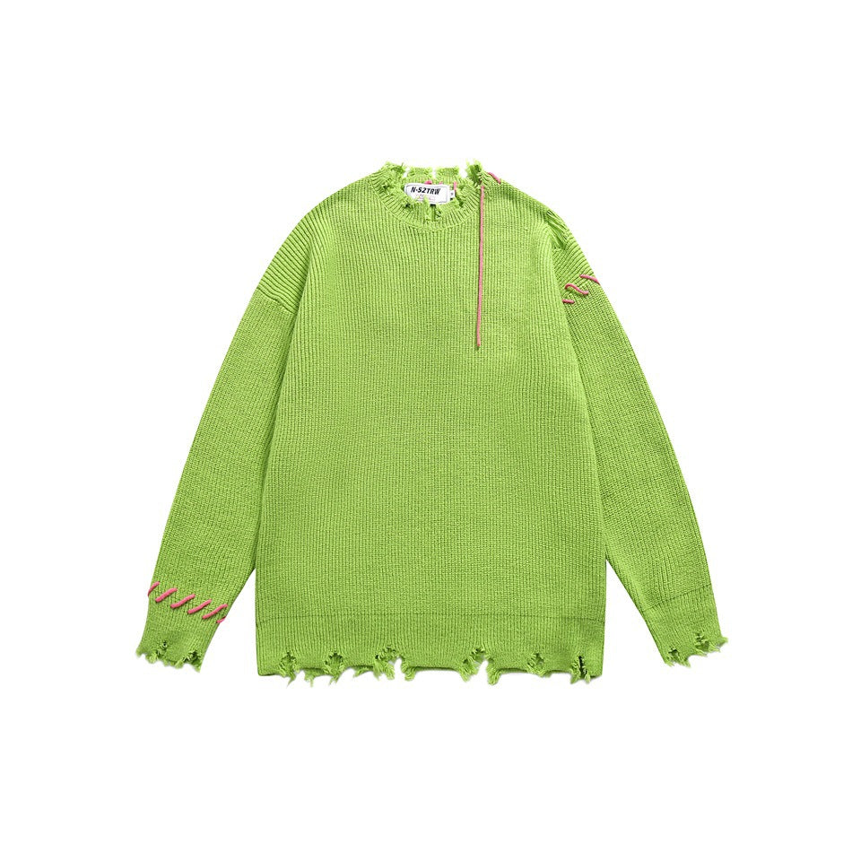 Bright green crewneck ribbed knit sweater with frayed edges and pink contrast stitching, flat front view