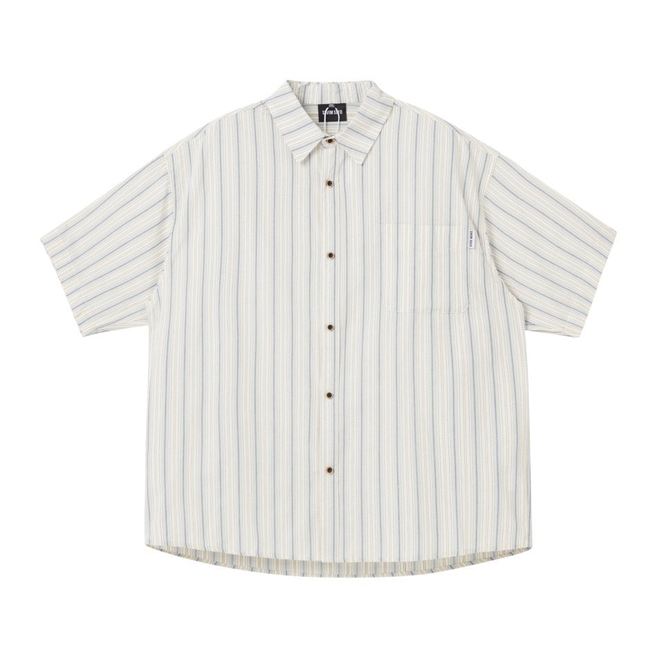 Beige striped short-sleeve button-up shirt with chest pocket, front view flat lay