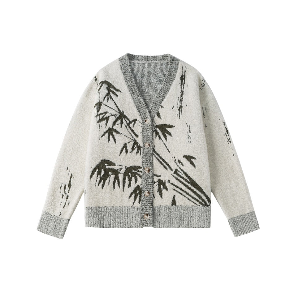 Beige V-neck button cardigan with dark green bamboo jacquard pattern and grey ribbed trim, flat front view
