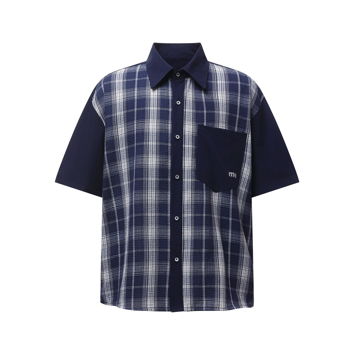 Navy plaid short-sleeve button-up shirt with solid navy collar, sleeves and chest pocket, flat front view