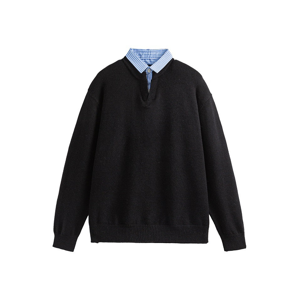 Black knit sweater with blue striped shirt collar and V-neck, flat lay front view