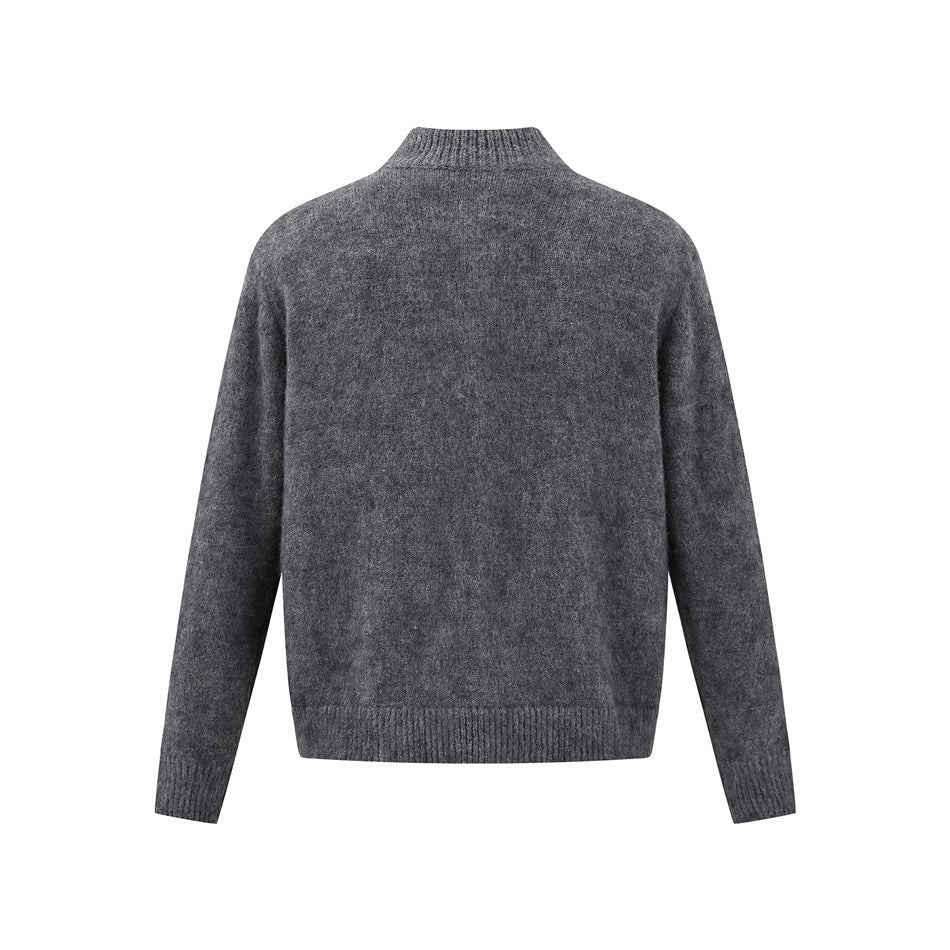 Back view of gray knit cardigan with stand collar, ribbed hem and cuffs on white background