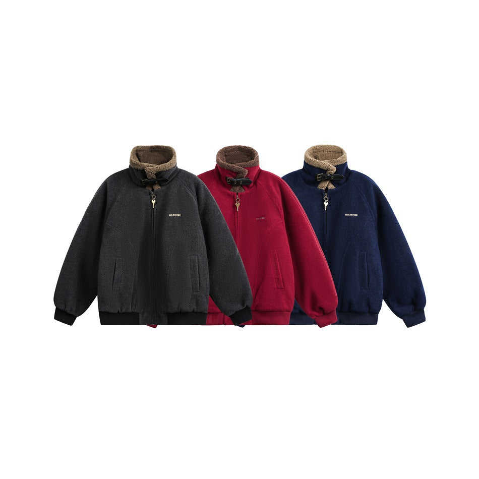 Three zip jackets shown together in charcoal gray, burgundy, and navy, each with a contrasting tan collar.