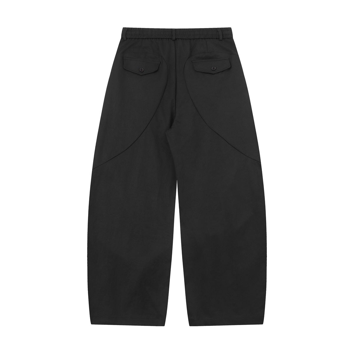 Back view of black wide-leg trousers with an elastic waist and two buttoned flap pockets.