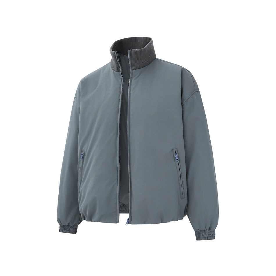Gray stand-collar jacket shown at an angle with front zipper partly open, showing inner lining and pockets