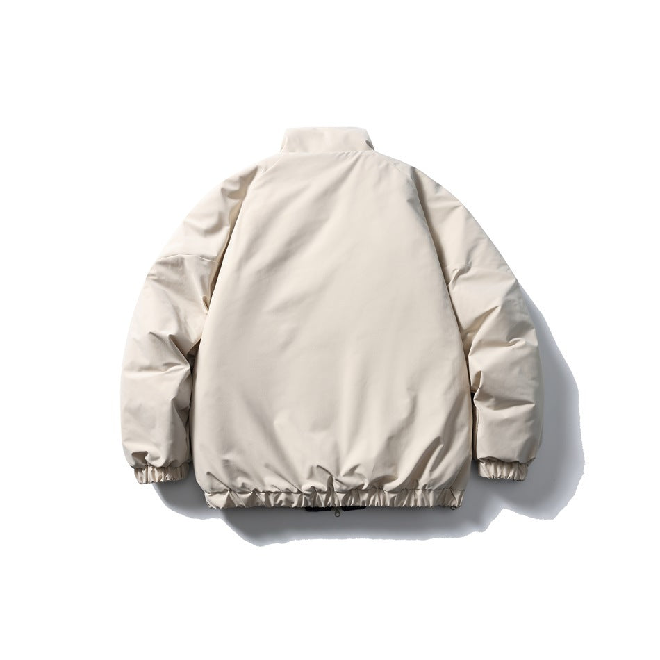 Beige stand-collar jacket back view with raglan sleeves and elastic cuffs and hem