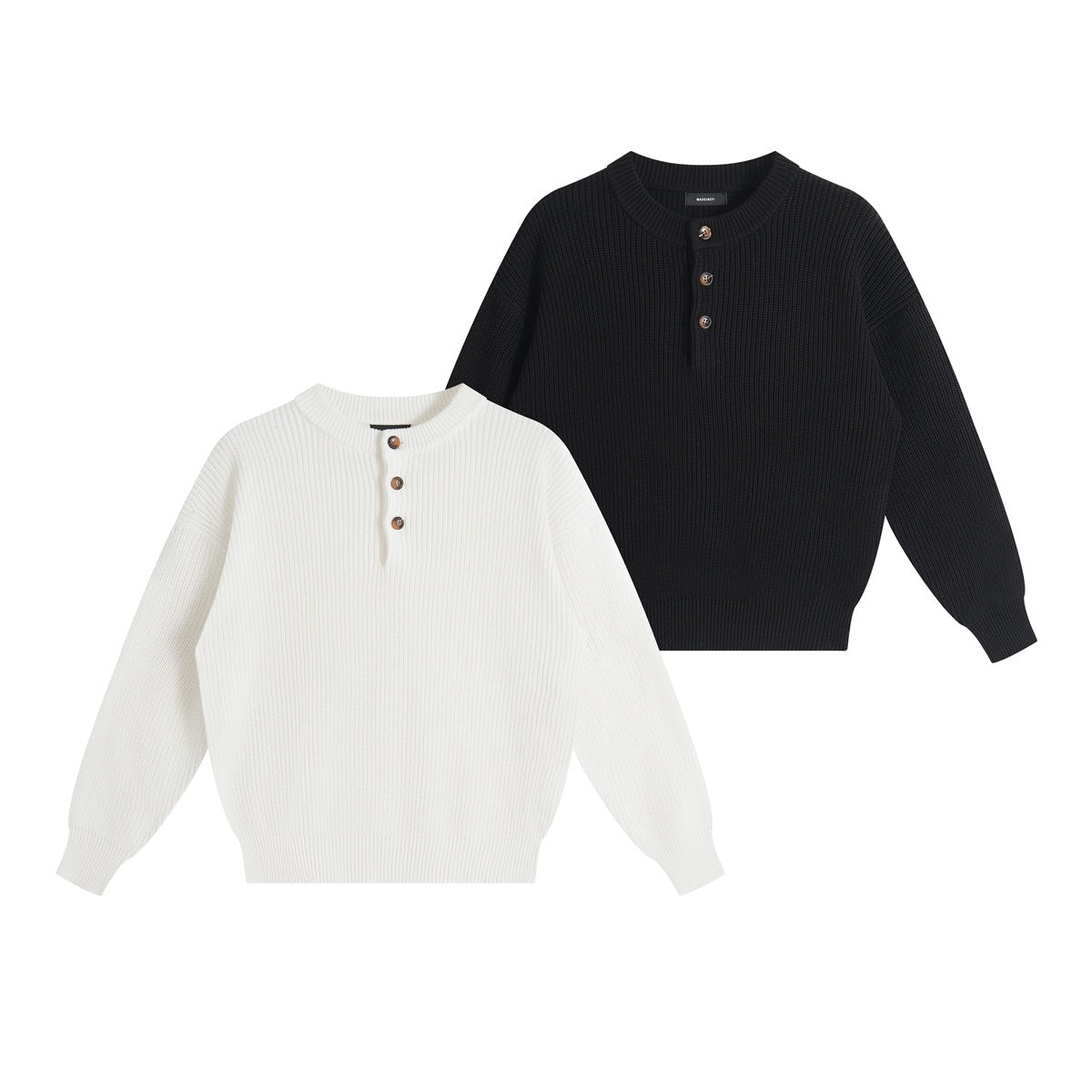 Front view of black and white long-sleeve rib-knit sweaters with crew necks and three-button plackets.