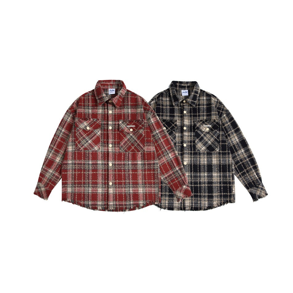 Two front-facing plaid shirt jackets shown together: one red and cream, the other black and cream.