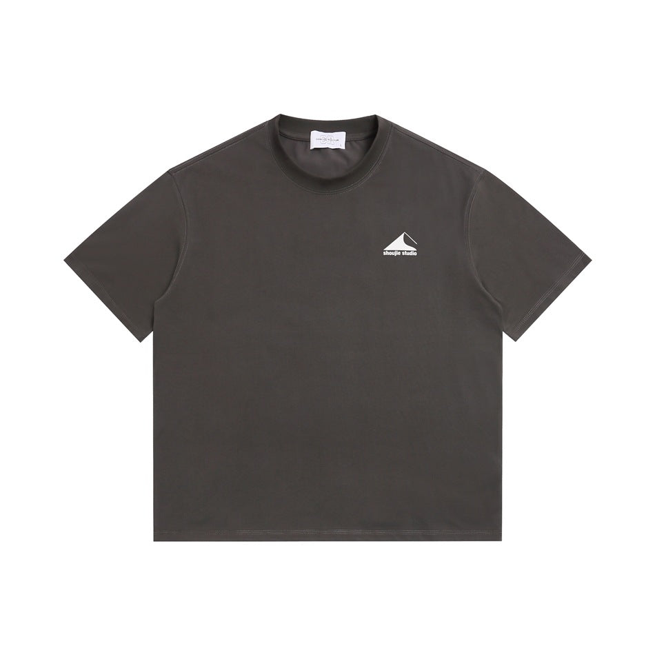 Gray short-sleeve crew-neck T-shirt with small white mountain logo print on left chest, flat lay