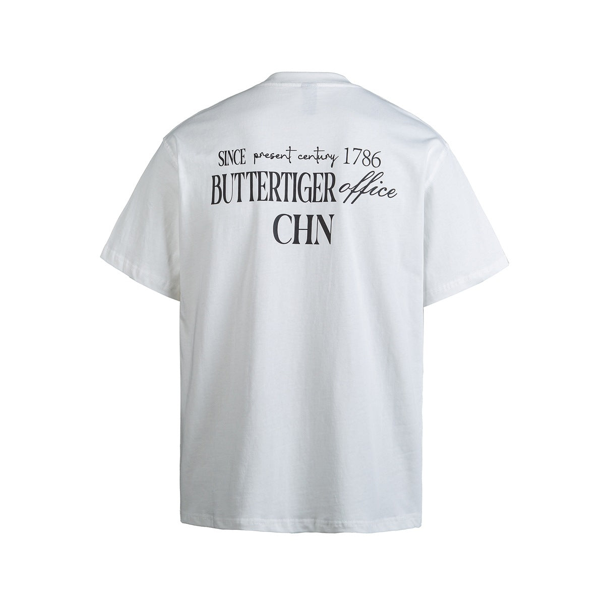 Back view of a white short-sleeve crew-neck T-shirt with black script and serif lettering print across the upper back