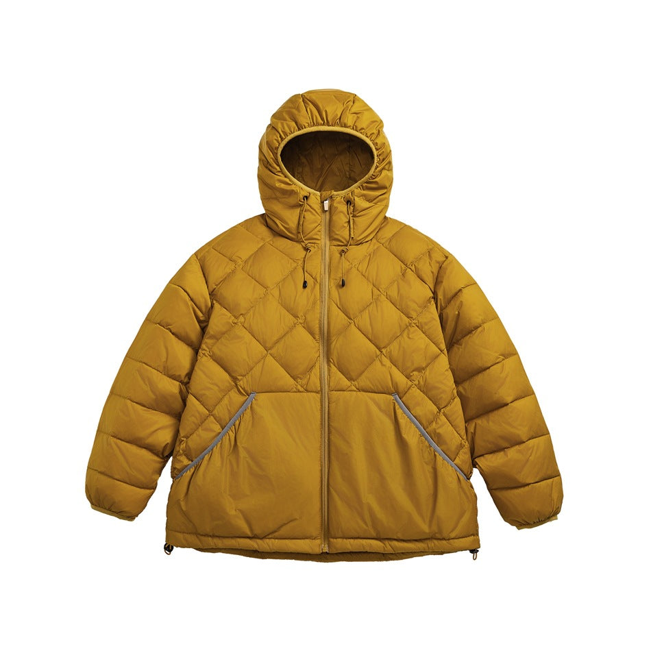 Mustard yellow quilted hooded puffer jacket, front view, with zipper, drawcord hood and gray-piped pockets