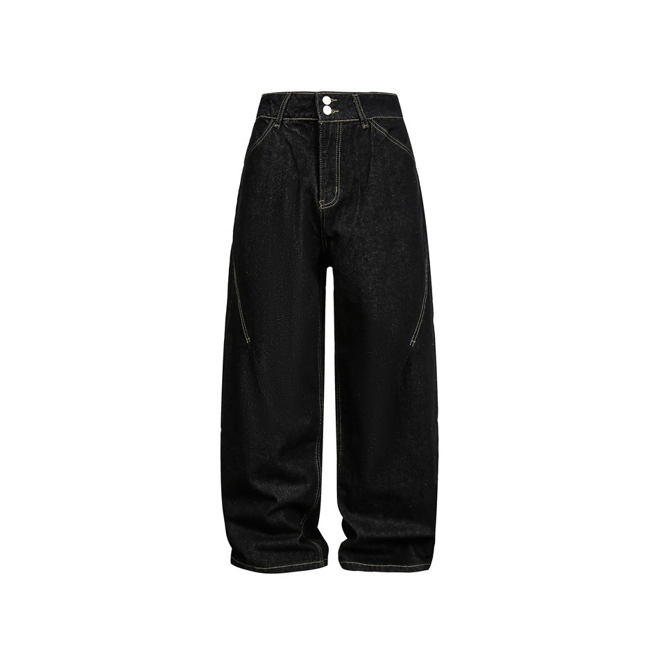 Black wide-leg jeans flat front view with two-button waist, fly and tan topstitching on a white background