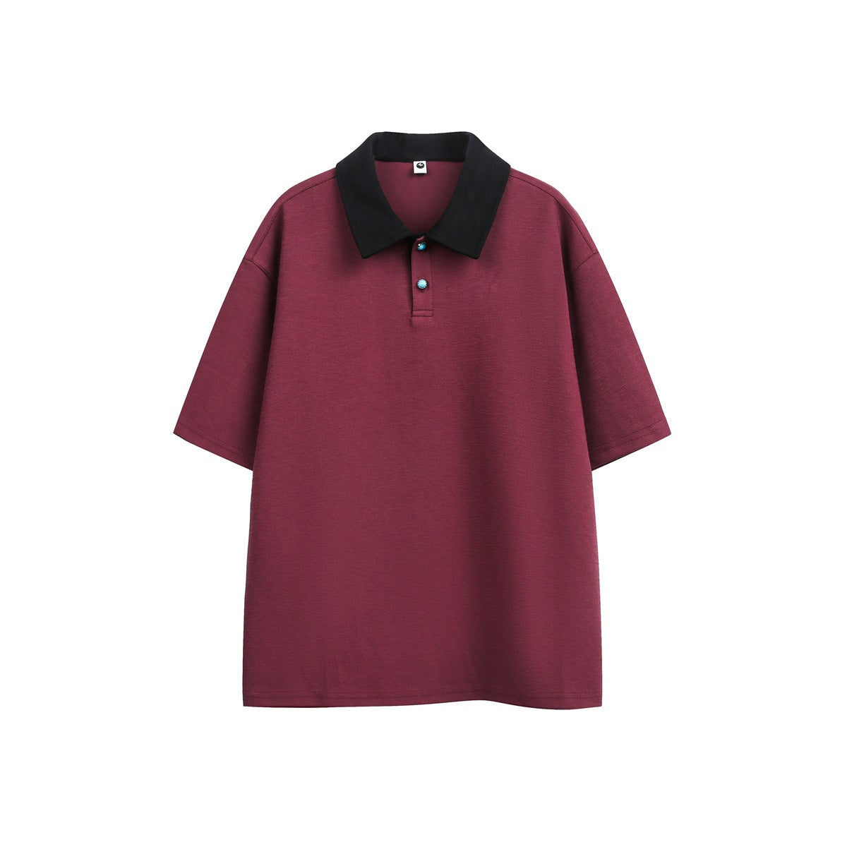 Wine red short-sleeve polo top with black contrast collar and two turquoise-colored buttons, front flat view