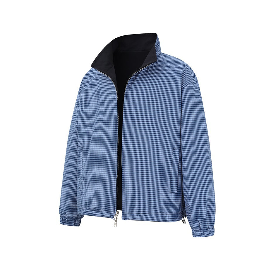 Front view of a blue checked jacket with a black stand collar, front zipper, and side pockets.