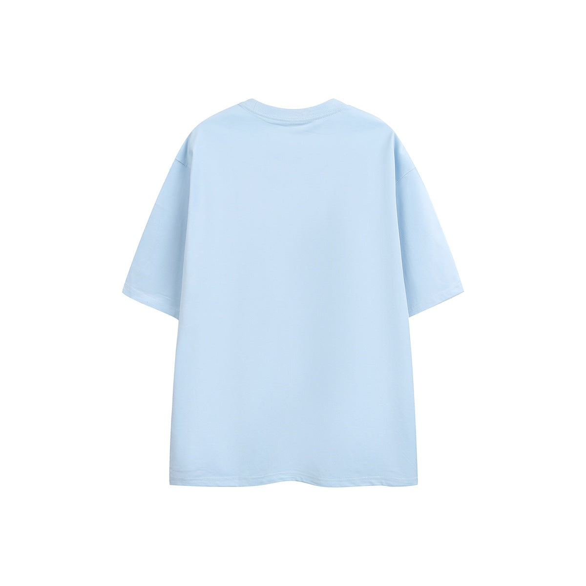 Back view of a plain pale blue short-sleeve crew-neck T-shirt on a white background.