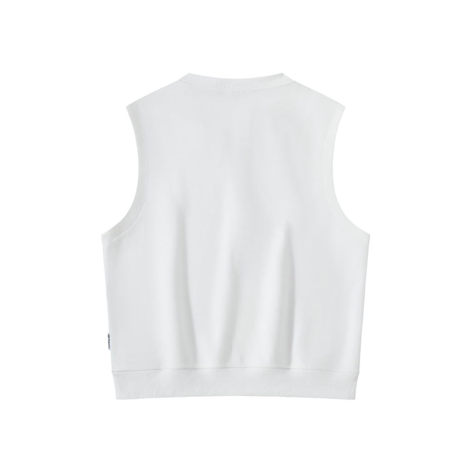 White sleeveless vest, flat back view with round neckline, ribbed hem and small side label