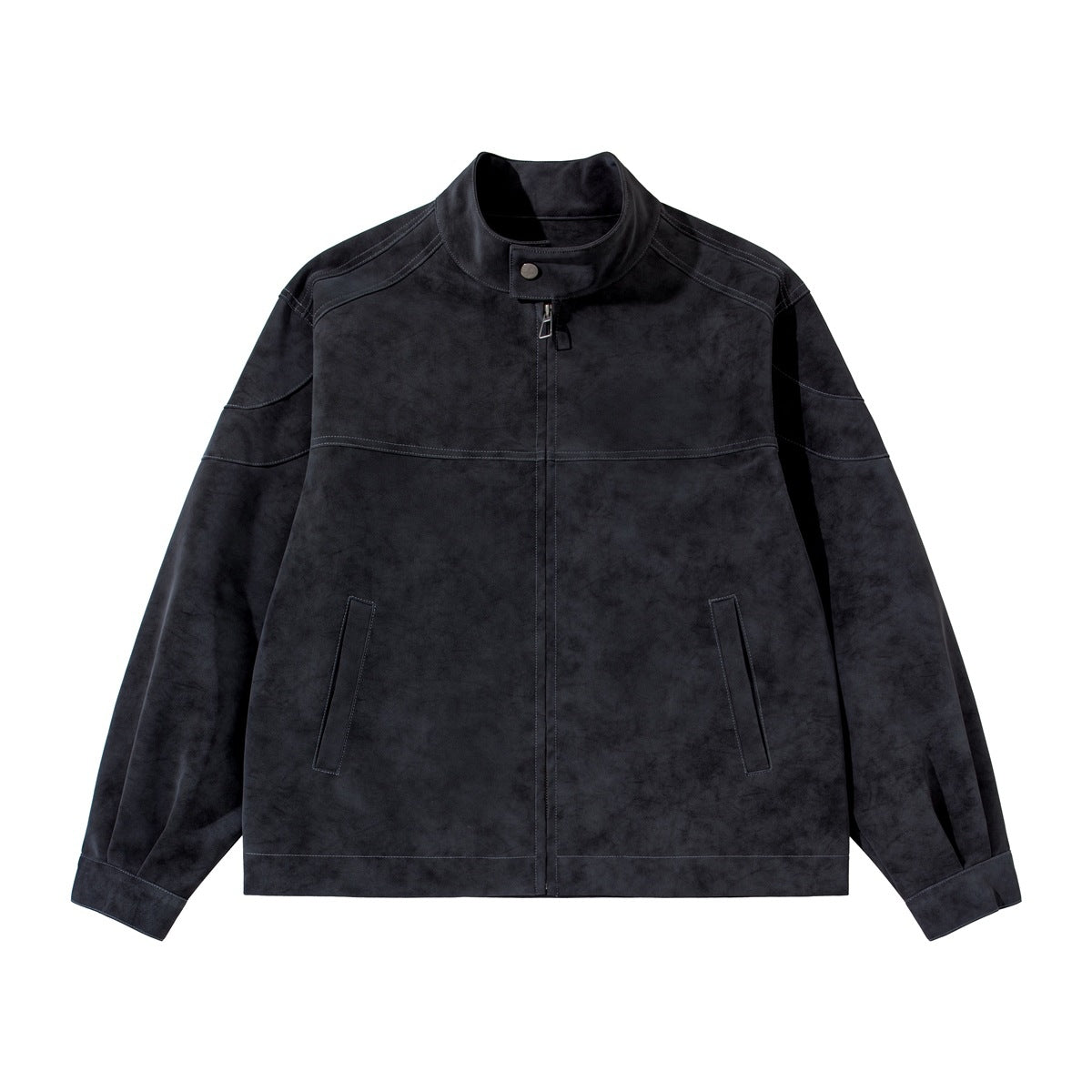 Black suede-look stand-collar zip jacket with contrast topstitching, flat front view