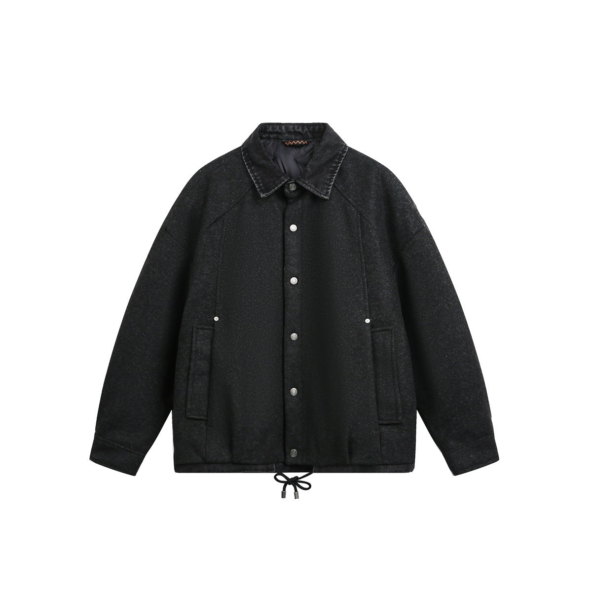 Black collared snap-front jacket with washed dark collar, side pockets and drawstring hem, flat view