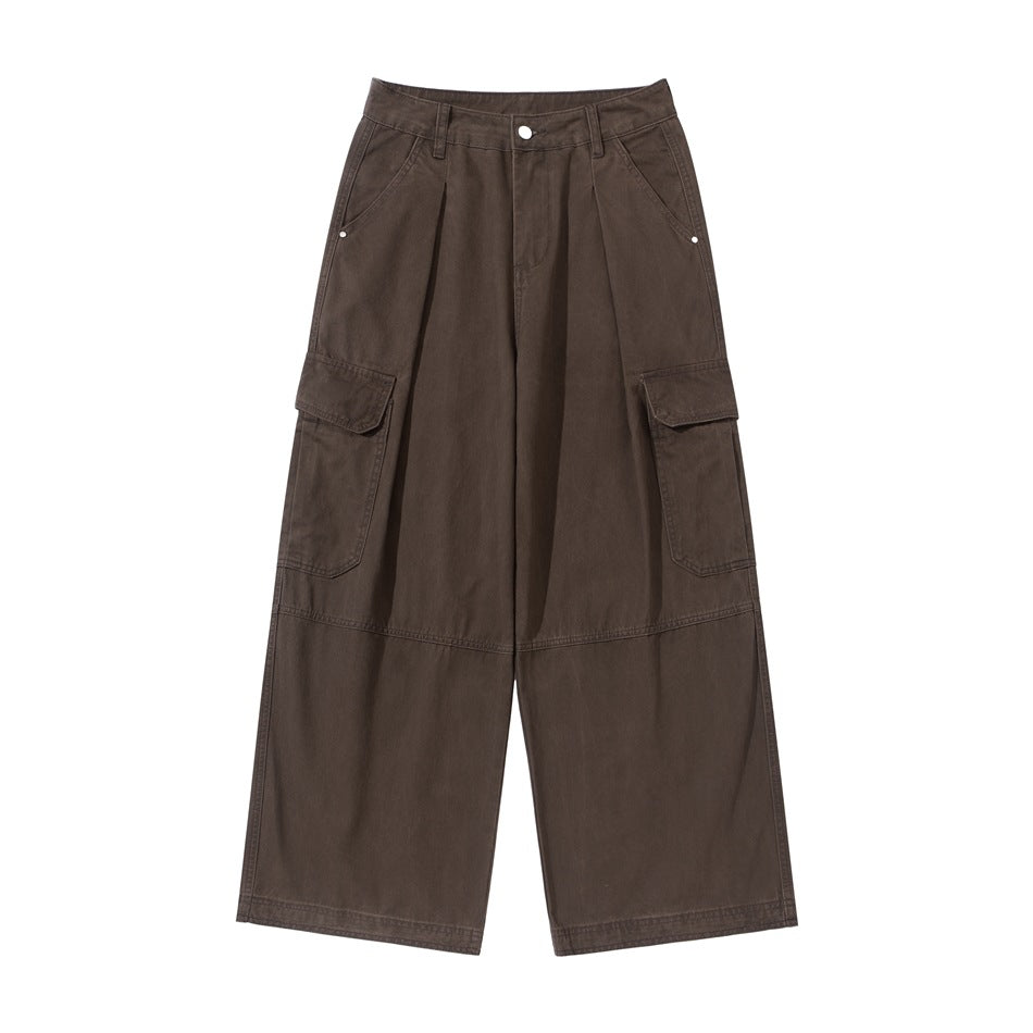 Brown wide-leg cargo pants flat lay, front view with side flap pockets and pleats