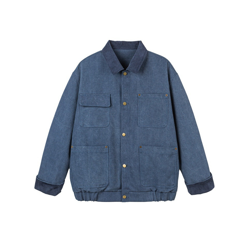Front view of a blue jacket with a fold-down collar, brass-tone buttons, and four patch pockets.