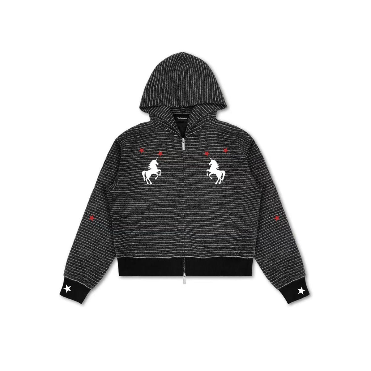 Black striped zip-up hoodie with white unicorn prints, red stars and white star cuffs on black ribbed trim, flat lay